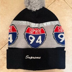 Supreme Black and Gray 94 Beanie with Pom